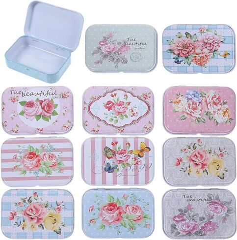 Ciieeo 12pcs Mini Trinket Coin Box Small Retro Flowers Containers with Lid Tinplate Jewelry Storage Case Rectangular Tin Box for Jewelry Beads in Saudi Arabia