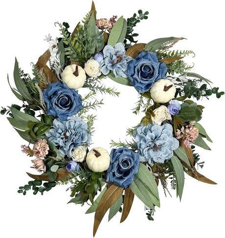 Beinhome Fall Wreath for Front Door, 20 Inch Artificial Autumn Eucalyptus Leaves Pumpkin and Rose Peony Wreath for Home Farmhouse Porch Window Decor, Harvest Thanksgiving Indoor Outdoor Decoration in Kuwait