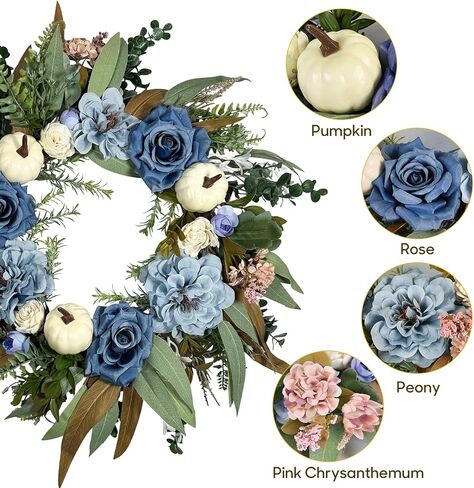 Beinhome Fall Wreath for Front Door, 20 Inch Artificial Autumn Eucalyptus Leaves Pumpkin and Rose Peony Wreath for Home Farmhouse Porch Window Decor, Harvest Thanksgiving Indoor Outdoor Decoration in Kuwait