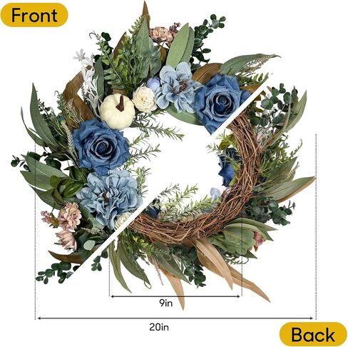 Beinhome Fall Wreath for Front Door, 20 Inch Artificial Autumn Eucalyptus Leaves Pumpkin and Rose Peony Wreath for Home Farmhouse Porch Window Decor, Harvest Thanksgiving Indoor Outdoor Decoration in Kuwait