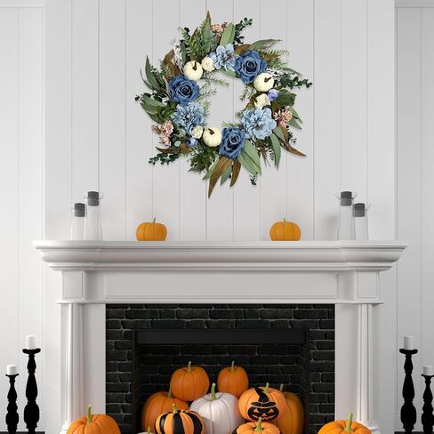 Beinhome Fall Wreath for Front Door, 20 Inch Artificial Autumn Eucalyptus Leaves Pumpkin and Rose Peony Wreath for Home Farmhouse Porch Window Decor, Harvest Thanksgiving Indoor Outdoor Decoration in Kuwait
