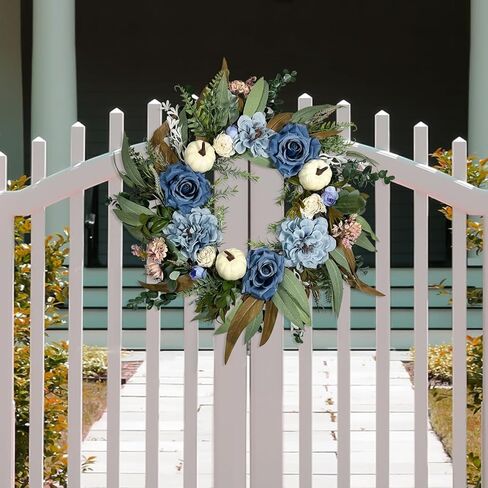 Beinhome Fall Wreath for Front Door, 20 Inch Artificial Autumn Eucalyptus Leaves Pumpkin and Rose Peony Wreath for Home Farmhouse Porch Window Decor, Harvest Thanksgiving Indoor Outdoor Decoration in Kuwait