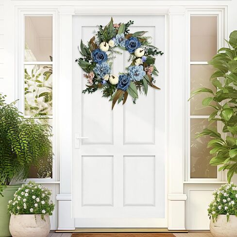 Beinhome Fall Wreath for Front Door, 20 Inch Artificial Autumn Eucalyptus Leaves Pumpkin and Rose Peony Wreath for Home Farmhouse Porch Window Decor, Harvest Thanksgiving Indoor Outdoor Decoration in Kuwait