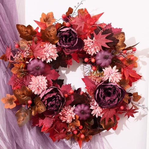 Fall Decorations Fall Wreath, Fall Wreaths for Front Door, 18 Inch Autumn Wreath with Fake Flowers Pumpkins Maple Leaves, Fall Wreaths for Front Door Outside Thanksgiving Decor in Saudi Arabia