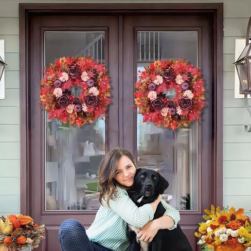 Fall Decorations Fall Wreath, Fall Wreaths for Front Door, 18 Inch Autumn Wreath with Fake Flowers Pumpkins Maple Leaves, Fall Wreaths for Front Door Outside Thanksgiving Decor in Saudi Arabia