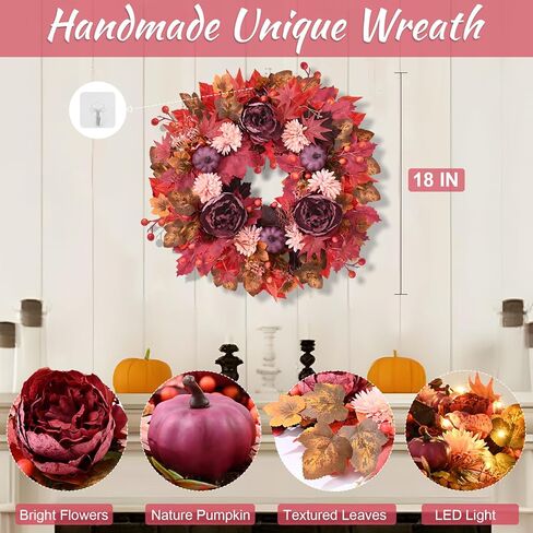 Fall Decorations Fall Wreath, Fall Wreaths for Front Door, 18 Inch Autumn Wreath with Fake Flowers Pumpkins Maple Leaves, Fall Wreaths for Front Door Outside Thanksgiving Decor in Saudi Arabia