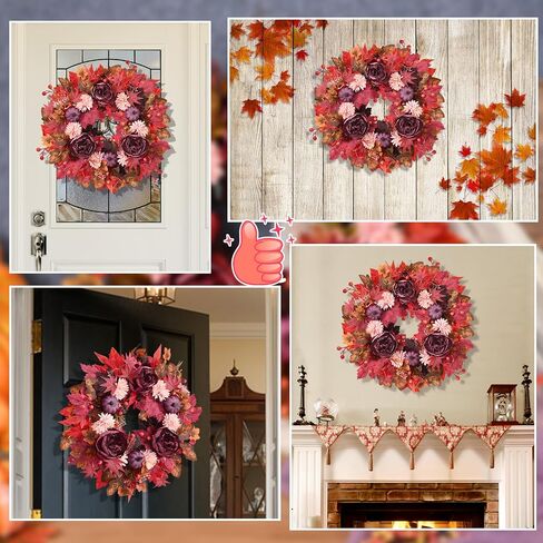 Fall Decorations Fall Wreath, Fall Wreaths for Front Door, 18 Inch Autumn Wreath with Fake Flowers Pumpkins Maple Leaves, Fall Wreaths for Front Door Outside Thanksgiving Decor in Saudi Arabia