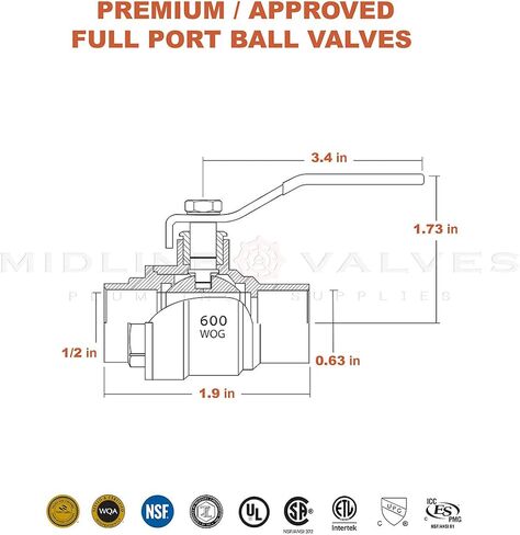 MIDLINE VALVE 822C234 Full Port Forged Brass Ball Valve with Solder Cups, 1/2'' in Saudi Arabia