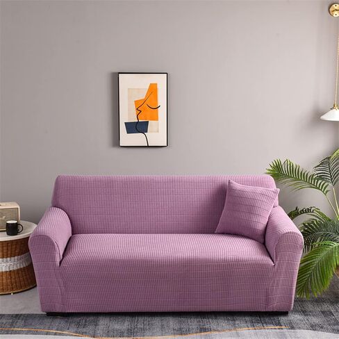 Qubjus Stretch Sofa Cover Solid Color Couch Cover for 1 Cushion Couch Sofa Bed Cover for Dogs with One Free Rectangular Grid Pillow Case(Beige, Small) in Saudi Arabia
