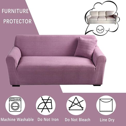 Qubjus Stretch Sofa Cover Solid Color Couch Cover for 1 Cushion Couch Sofa Bed Cover for Dogs with One Free Rectangular Grid Pillow Case(Beige, Small) in Saudi Arabia