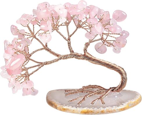 Rockcloud Handmade 3-4'' Crystal Money Tree with Agate Slice Base Tumbled Stones Feng Shui Bonsai Home Office Decor for Luck and Wealth, Aquamarine in Saudi Arabia