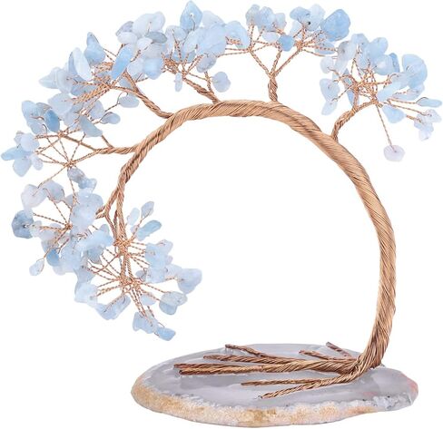 Rockcloud Handmade 3-4'' Crystal Money Tree with Agate Slice Base Tumbled Stones Feng Shui Bonsai Home Office Decor for Luck and Wealth, Aquamarine in Saudi Arabia