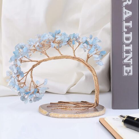 Rockcloud Handmade 3-4'' Crystal Money Tree with Agate Slice Base Tumbled Stones Feng Shui Bonsai Home Office Decor for Luck and Wealth, Aquamarine in Saudi Arabia