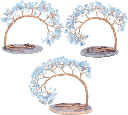 Rockcloud Handmade 3-4'' Crystal Money Tree with Agate Slice Base Tumbled Stones Feng Shui Bonsai Home Office Decor for Luck and Wealth, Aquamarine in Saudi Arabia