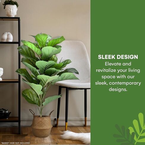 شجرة التين المصنوعة من أوراق الكمان الاصطناعية من Flybold - أوراق صناعية واقعية في سلة سوداء - عنصر زخرفي نابض بالحياة للمنازل والمكاتب والفنادق والمطاعم - ديكور نباتي داخلي مع وعاء - 6.2 بوصة × 31.4 بوصة in Kuwait