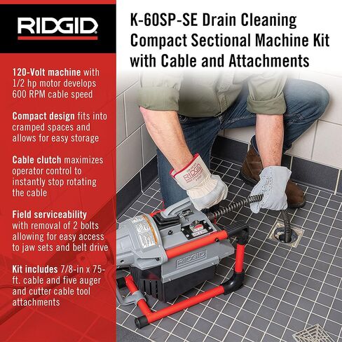 RIDGID 66497 K-60SP-SE 120-Volt Compact Sectional Drain Cleaning Machine Kit with 7/8" x 75' Cable and Attachments in Kuwait