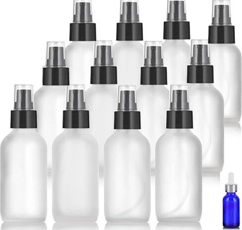 JUVITUS (12 PACK) 4 oz Frosted Clear Glass Bottles with Black Treatment Pump and Mini Sample Size 0.5 oz Cobalt Blue Eye Silver Dropper Glass Bottle for Beauty Skincare Oil in Saudi Arabia