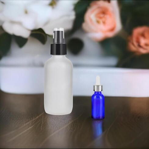 JUVITUS (12 PACK) 4 oz Frosted Clear Glass Bottles with Black Treatment Pump and Mini Sample Size 0.5 oz Cobalt Blue Eye Silver Dropper Glass Bottle for Beauty Skincare Oil in Saudi Arabia
