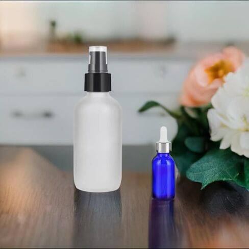 JUVITUS (12 PACK) 4 oz Frosted Clear Glass Bottles with Black Treatment Pump and Mini Sample Size 0.5 oz Cobalt Blue Eye Silver Dropper Glass Bottle for Beauty Skincare Oil in Saudi Arabia