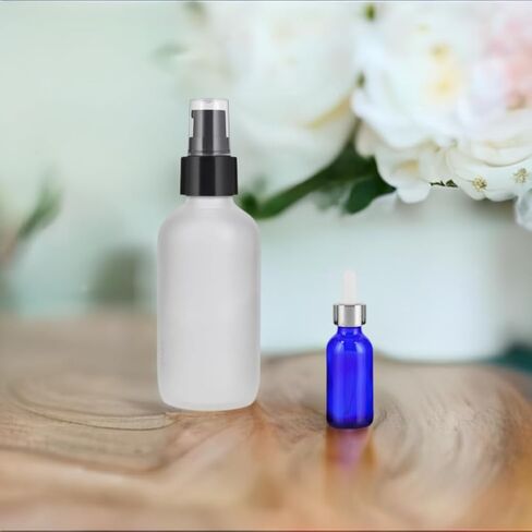 JUVITUS (12 PACK) 4 oz Frosted Clear Glass Bottles with Black Treatment Pump and Mini Sample Size 0.5 oz Cobalt Blue Eye Silver Dropper Glass Bottle for Beauty Skincare Oil in Saudi Arabia