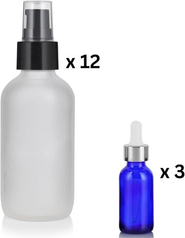 JUVITUS (12 PACK) 4 oz Frosted Clear Glass Bottles with Black Treatment Pump and Mini Sample Size 0.5 oz Cobalt Blue Eye Silver Dropper Glass Bottle for Beauty Skincare Oil in Saudi Arabia