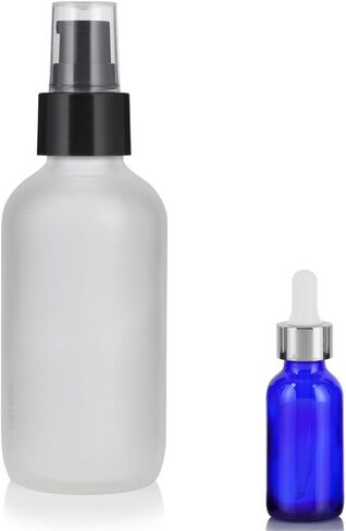JUVITUS (12 PACK) 4 oz Frosted Clear Glass Bottles with Black Treatment Pump and Mini Sample Size 0.5 oz Cobalt Blue Eye Silver Dropper Glass Bottle for Beauty Skincare Oil in Saudi Arabia