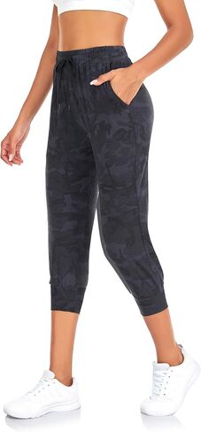 بنطال رياضي FULLSOFT Capri للنساء - بنطلون رياضي مع جيوب عالي الخصر لتمارين اليوجا والجري (أسود مموه - صغير (كابري)) in Kuwait