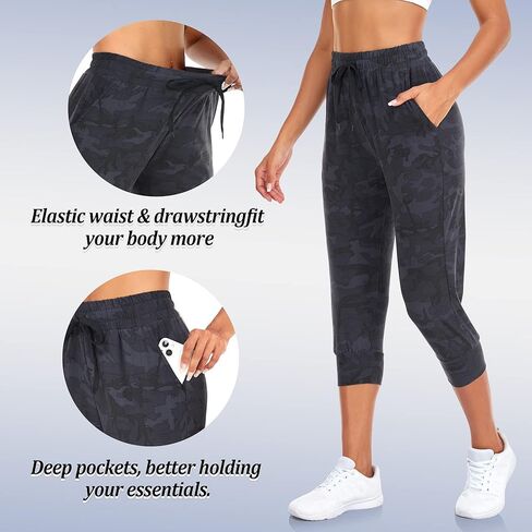 بنطال رياضي FULLSOFT Capri للنساء - بنطلون رياضي مع جيوب عالي الخصر لتمارين اليوجا والجري (أسود مموه - صغير (كابري)) in Kuwait