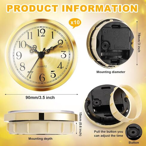 Outus 10 Pack 3-1/2 Inch (90 Mm) Quartz Clock Insert Fit up Movement Miniature Clock with Gold Trim Arabic Numerals in Saudi Arabia
