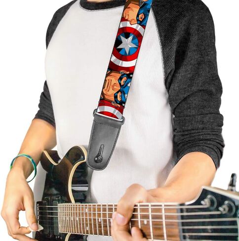 Buckle-Down Guitar Strap - Captain America Face Turns/Shield CLOSE-UP - 2" Wide - 29-54" Length in Saudi Arabia