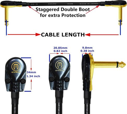 WORLDS BEST CABLES 6 Units - 9 Inch - Canare GS-6 - Guitar Bass Effects Instrument, Patch Cable with Premium Gold Plated (6.35mm) Low-Profile, R/A Pancake type TS Connectors - CUSTOM MADE in Saudi Arabia
