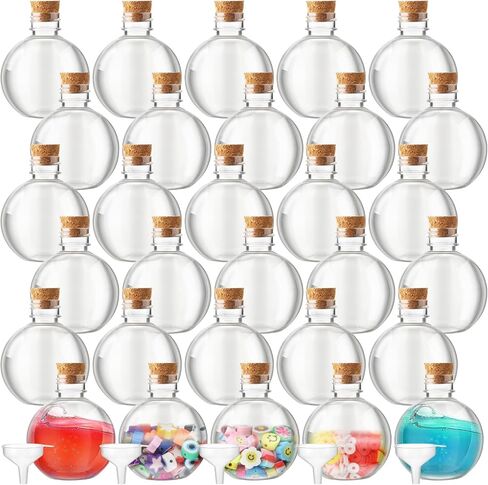 Layhit 50 Pack 8 oz Plastic Potion Bottles with Corks and Funnels Spherical Ball Shape Sand Art Bottles Christmas Cocktail Ornament for DIY Wedding Party Gift Crafts Decoration(Wood Color, 8 oz) in Saudi Arabia
