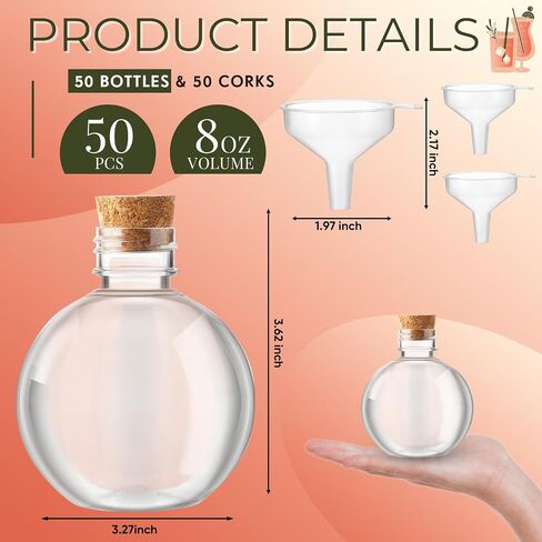 Layhit 50 Pack 8 oz Plastic Potion Bottles with Corks and Funnels Spherical Ball Shape Sand Art Bottles Christmas Cocktail Ornament for DIY Wedding Party Gift Crafts Decoration(Wood Color, 8 oz) in Saudi Arabia