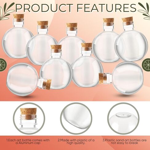 Layhit 50 Pack 8 oz Plastic Potion Bottles with Corks and Funnels Spherical Ball Shape Sand Art Bottles Christmas Cocktail Ornament for DIY Wedding Party Gift Crafts Decoration(Wood Color, 8 oz) in Saudi Arabia