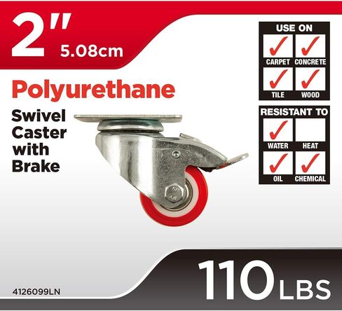 Titan 3" Polyurethane (PU) Swivel Plate Caster Wheel + Brake, 175-lb. Capacity, Red in Saudi Arabia