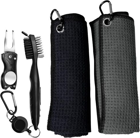 مجموعة مناشف الجولف مكونة من 4 | منظف ​​أخدود فرشاة نادي الجولف | أداة ديفت قابلة للطي مع علامة كروية مغناطيسية | مناشف الجولف بنمط الوافل، حل إصلاح النادي القذر وDivot in Kuwait