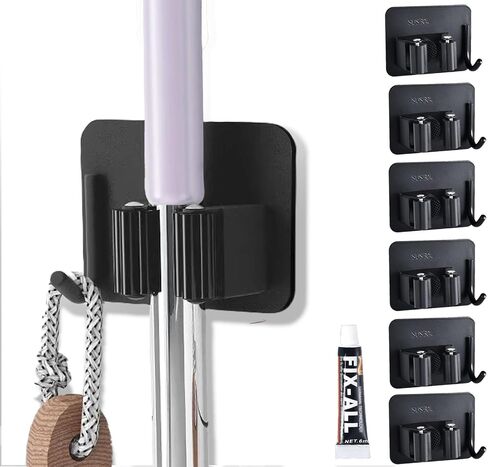 Holder Wall Mount, 6 Packs Tool Storage & Laundry Closet Room Organizer, Adhesive Utility & Garage Storage Rack Cabinet, Mop & Broom Stainless Hanger, 1 Racks With 1 Hooks (01 black) in Saudi Arabia