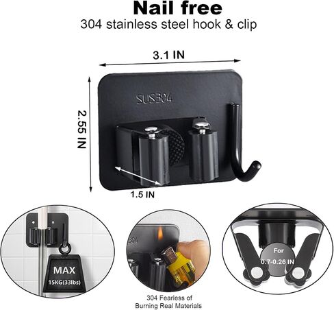 Holder Wall Mount, 6 Packs Tool Storage & Laundry Closet Room Organizer, Adhesive Utility & Garage Storage Rack Cabinet, Mop & Broom Stainless Hanger, 1 Racks With 1 Hooks (01 black) in Saudi Arabia