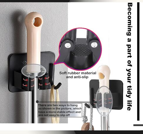 Holder Wall Mount, 6 Packs Tool Storage & Laundry Closet Room Organizer, Adhesive Utility & Garage Storage Rack Cabinet, Mop & Broom Stainless Hanger, 1 Racks With 1 Hooks (01 black) in Saudi Arabia