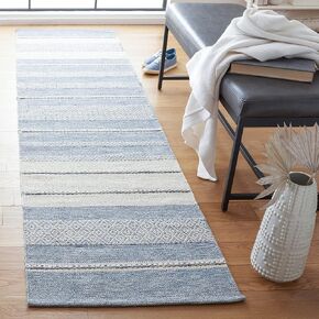 SAFAVIEH Striped Kilim Collection 2'3" x 9' Ivory/Blue STK503A Handmade Flatweave Cotton Runner Rug in Saudi Arabia
