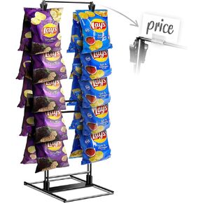 Chip Rack Display Stand, 3 Row Clip Bag Holder for Party, Chip Stand Display for Countertop, Potato Chip Display Rack Chip Holder w/3 Display Label, Snack Retail Display Rack