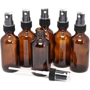6 Amber 4oz Boston Round Glass Bottle Black Spray Fine Ribbed Mist Sprayer