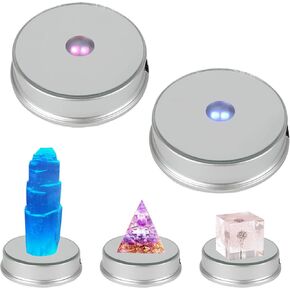 Led Display Round Stand Base,Colorful Changing Light Display Stand LED Display Base for Crystal Ball Art Glass 3D Crystal Figurine,2Pcs Silver