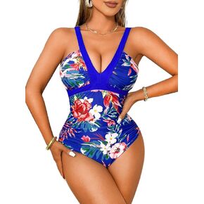 V Neck Floral Swimsuits, Ruched Slimming, 1 Piece