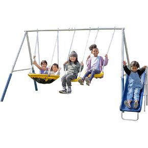 The Swing Company TSC-1023G Reese Galvanized Metal Swing Set: 5ft Slide, 2 Swings, Padded Saucer Swing and Anchor Kit, Capacity 500lb (5 Kids, Aged 3-8), Blue/Yellow