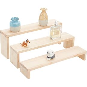 AHANDMAKER Wooden Display Riser Stand Tiered Countertop 3 Tier Counter Shelf Display Shelf for Perfume, Makeup, Figure, Dolls Collection, Condiment, Log Color, Burlywood Width 13.78inch(35cm)
