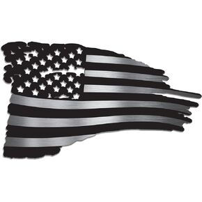 Rogue River Tactical Subdued Silver USA American Tattered Waving Flag Metal Die Cut Tin Sign Wall Decor Man Cave Bar United States Cut Out Outline