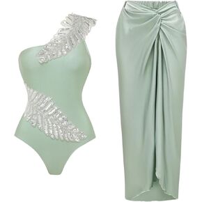 FLAXMAKER One Shoulder Green Leaf Sequin Embroidery One Piece Swimsuit and Sarong