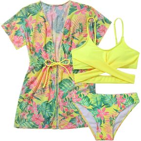 SweatyRocks Girl's 3 Piece Bathing Suit Tropical Print Criss Cross Spaghetti Strap Swimsuit with Cover Up Shirt