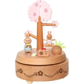 Wooden Music Box Bunny Rotating Music Box Wooden Mechanical Music Box Mini Rabbit Music Box for Birthday Baby Shower Christmas Easter Party